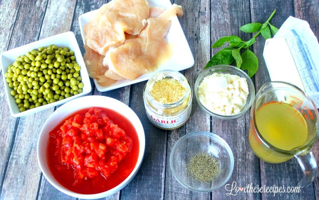 bowls of ingredients for one pot chicken pasta recipe