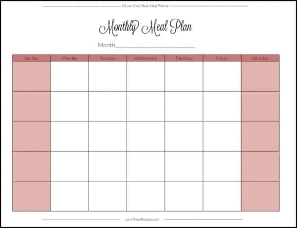 Gluten Free Monthly Calendar