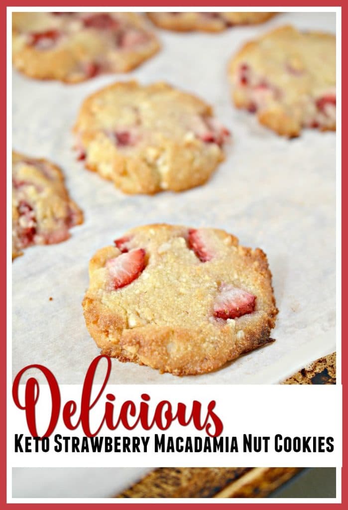 strawberry macadamia cookies on a cookie sheet