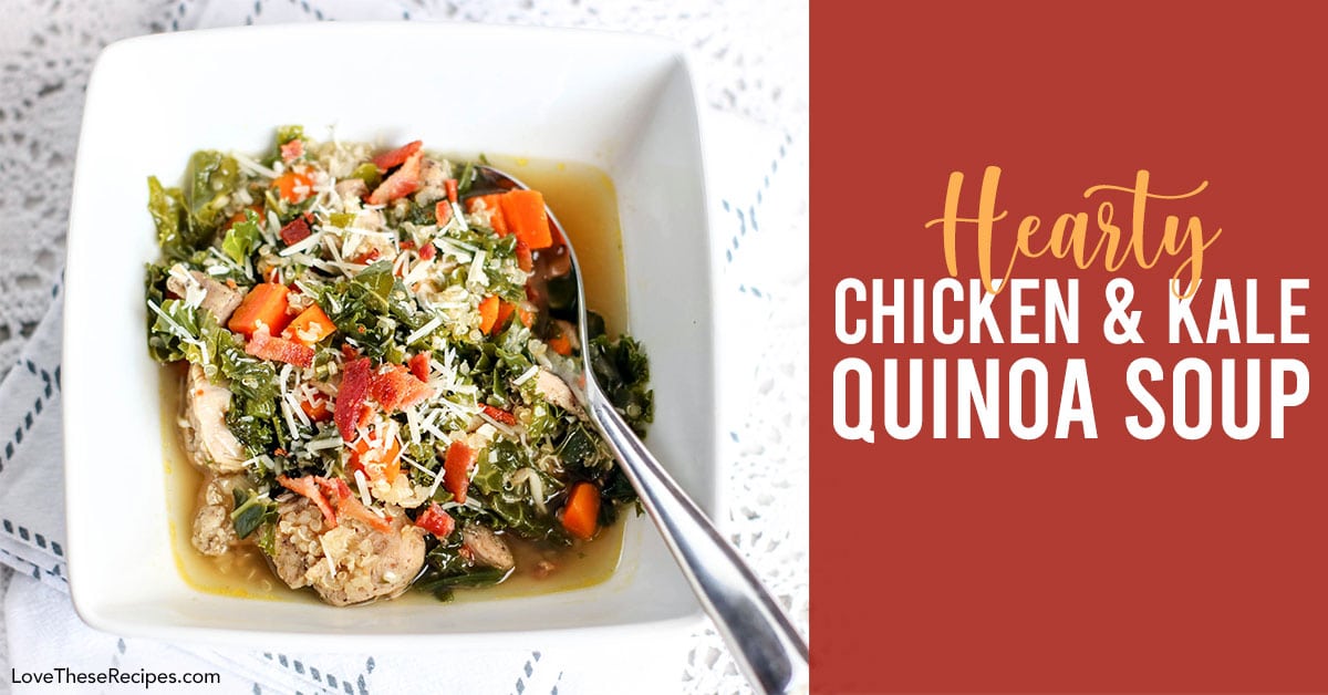 chicken kale quinoa soup in a bowl