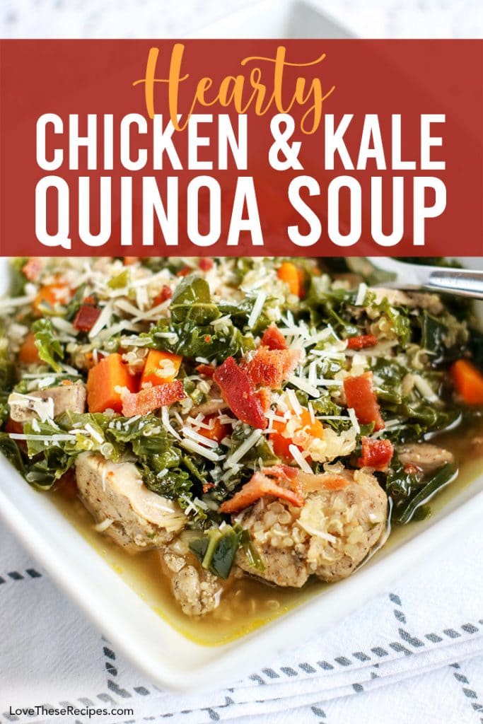 chicken and kale quinoa soup in a bowl