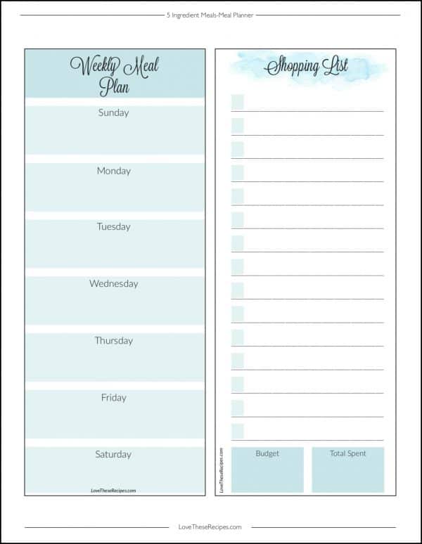 Meal Planner Page for 5 Ingredient Meals