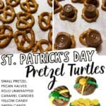 If you're looking for a quick and easy St. Patrick's Day treat, these pretzel turtles are delicious! This is a fun recipe for kids. These St. Patrick's Day Chocolate Pretzel Turtles are adorably festive and will have you coming back again and again for a tasty bite! Just a few ingredients and a little melting, and you're good to go with these tiny turtles. Switch out the candy melt colors and sprinkles for any other holiday, event, or fun everyday treat.
